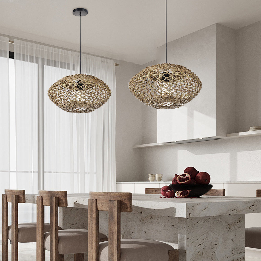 Rustic Seagrass Hanging Lamp Farmhouse Living Room Pendant