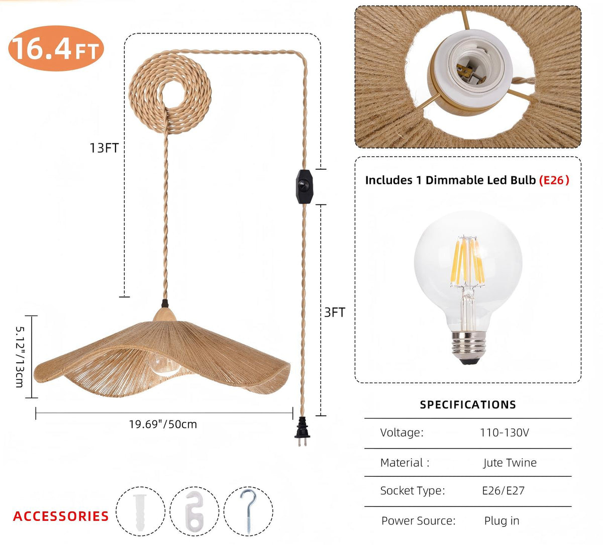 Wabi Sabi Hemp Rope Pendants Rattan Hanging Light For Kitchen