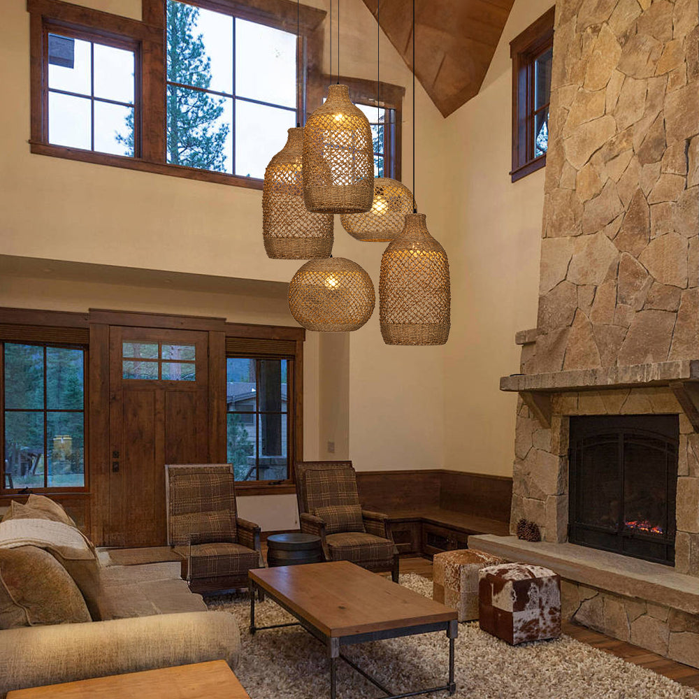 Wabi-Sabi Rattan Chandelier Large Statement Light for Duplex & Stairwell