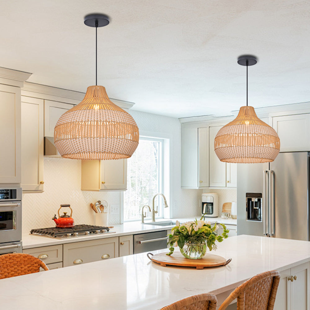 Handwoven Rattan Kitchen Island Pendant Light Tropical Vine Fixture
