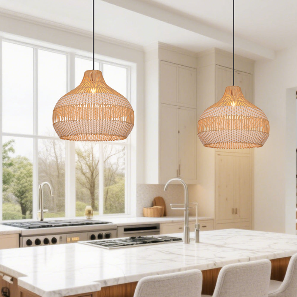 Handwoven Rattan Kitchen Island Pendant Light Tropical Vine Fixture