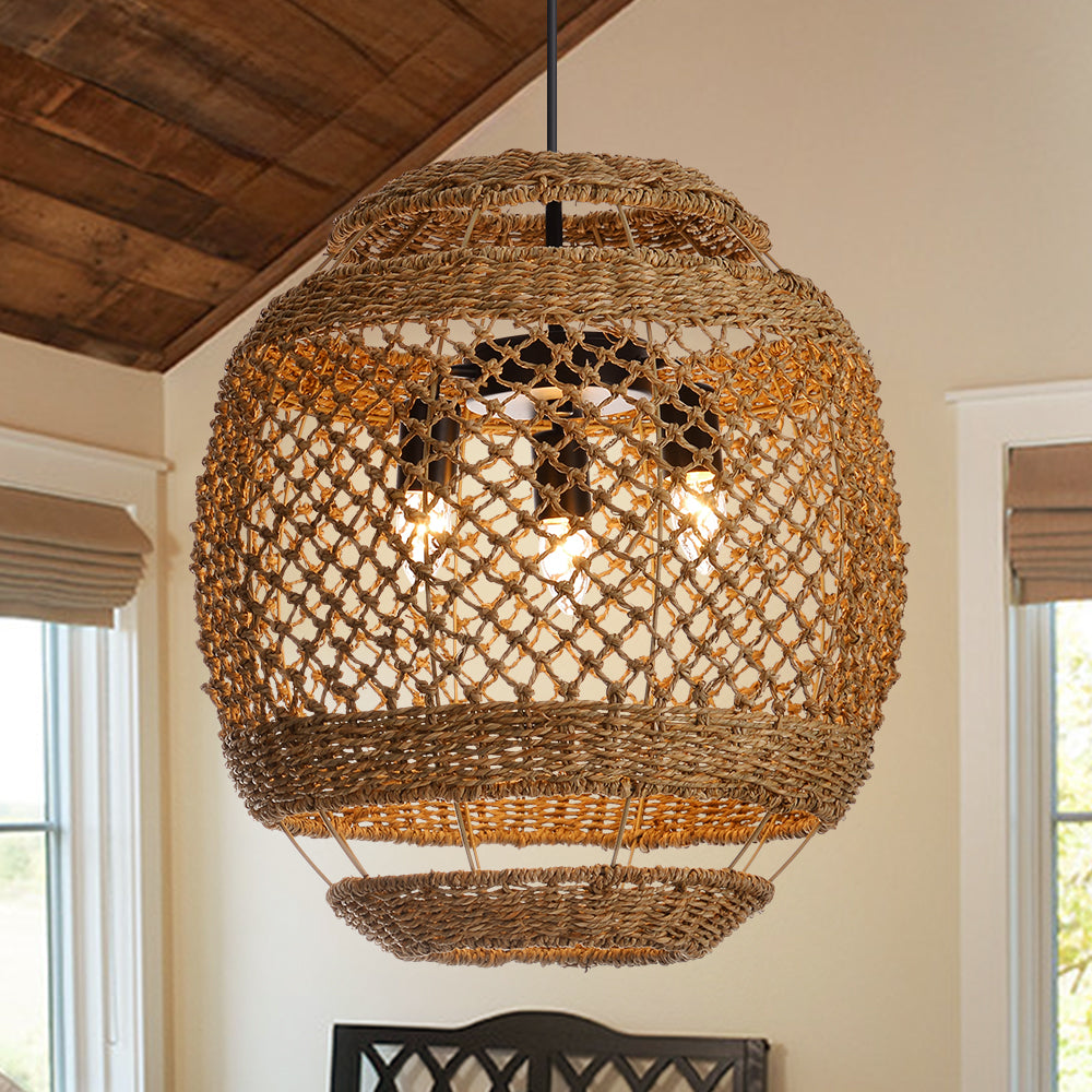 Wabi-Sabi Seagrass Pendant Light 3-Light Handwoven Wicker Chandelier