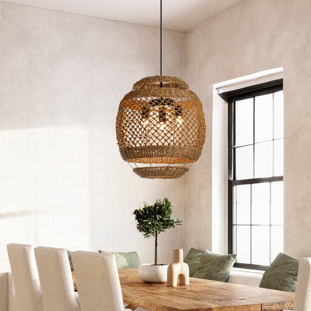 Wabi-Sabi Seagrass Pendant Light 3-Light Handwoven Wicker Chandelier