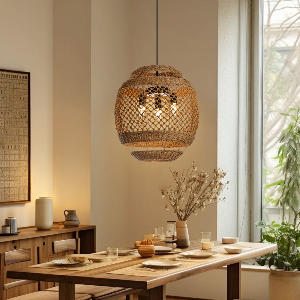 Wabi-Sabi Seagrass Pendant Light 3-Light Handwoven Wicker Chandelier