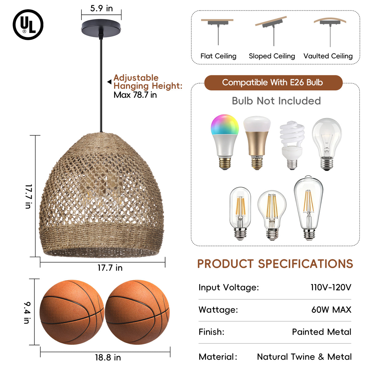 Wabi-sabi Seagrass Pendant Rattan Hanging Light For Kitchen
