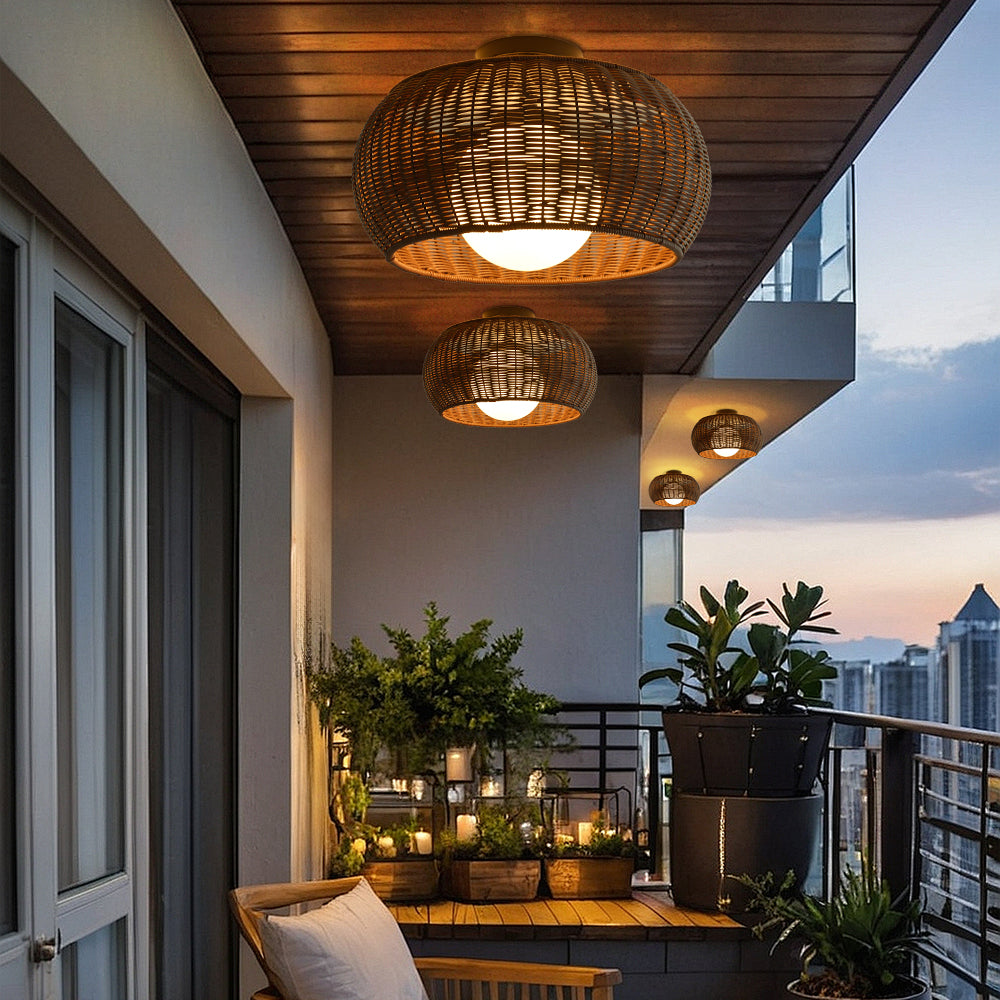 Outdoor Waterproof Rattan Pendant Light Weather-Resistant Porch Fixture