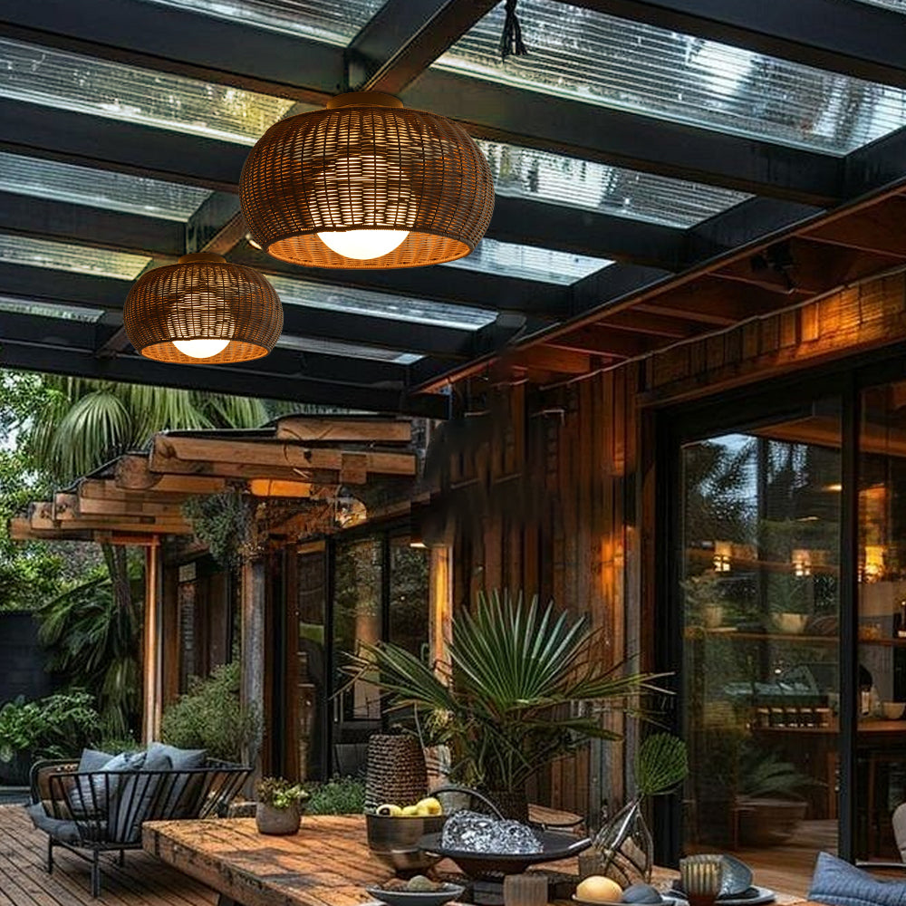Outdoor Waterproof Rattan Pendant Light Weather-Resistant Porch Fixture