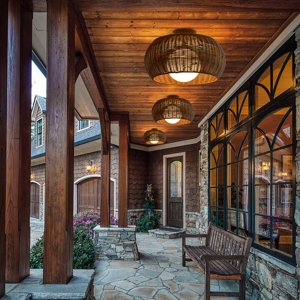 Outdoor Waterproof Rattan Pendant Light Weather-Resistant Porch Fixture