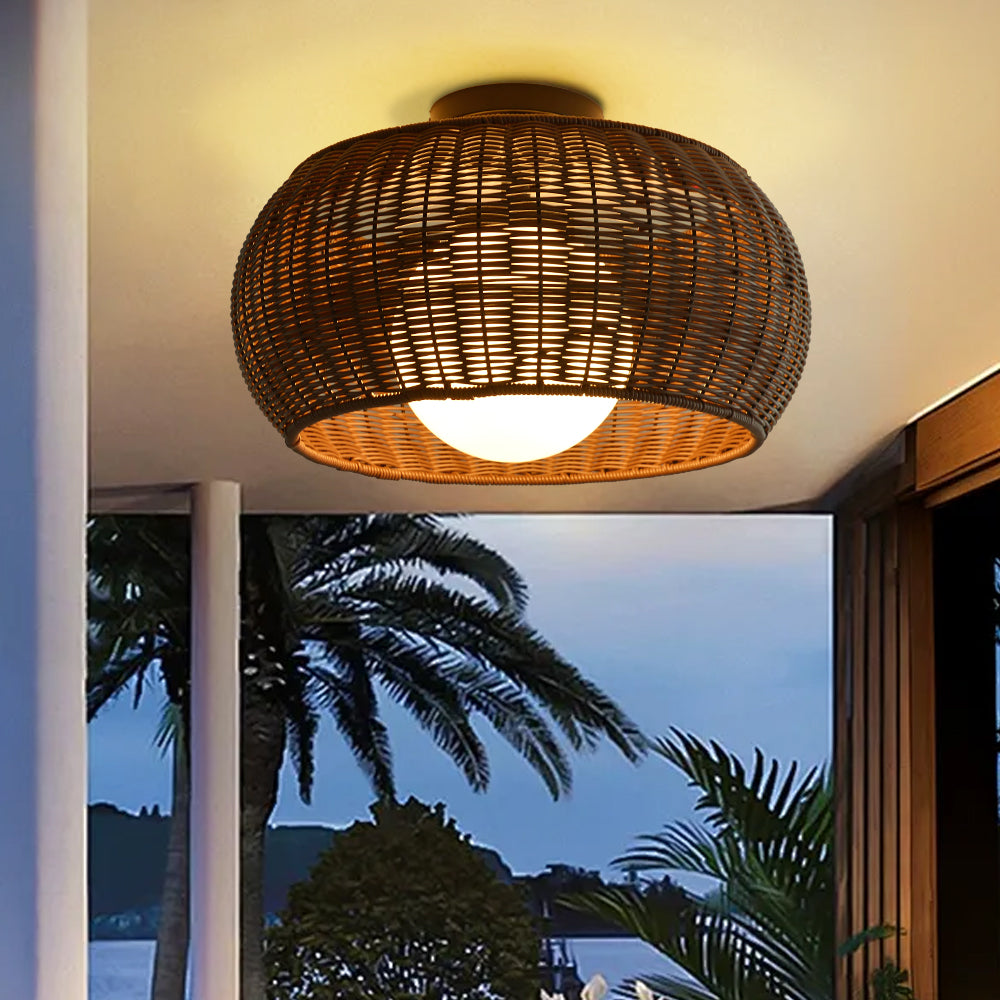 Outdoor Waterproof Rattan Pendant Light Weather-Resistant Porch Fixture