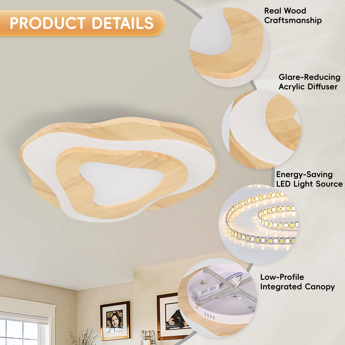 Nordic Irregular Flush Mount Wooden Ceiling Light For Living Room