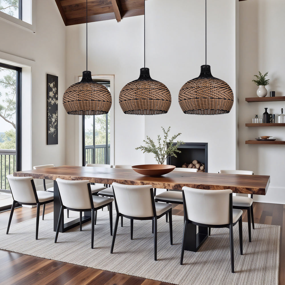 Black Rattan Hanging Lamp Wabi-Sabi Farmhouse Dining Chandelier