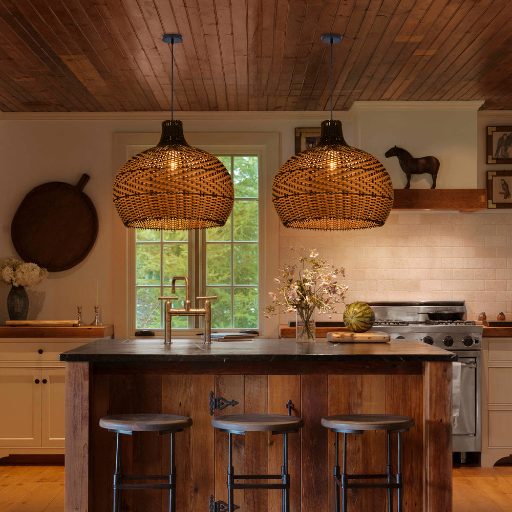 Black Rattan Hanging Lamp Wabi-Sabi Farmhouse Dining Chandelier