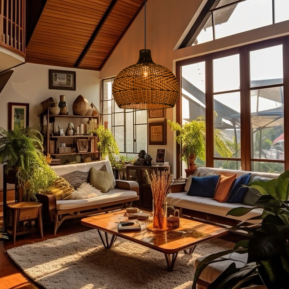Black Rattan Hanging Lamp Wabi-Sabi Farmhouse Dining Chandelier