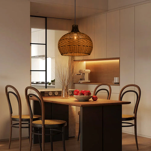Black Rattan Hanging Lamp Wabi-Sabi Farmhouse Dining Chandelier