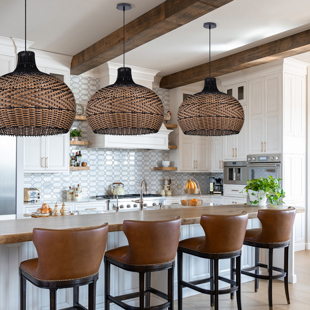 Black Rattan Hanging Lamp Wabi-Sabi Farmhouse Dining Chandelier