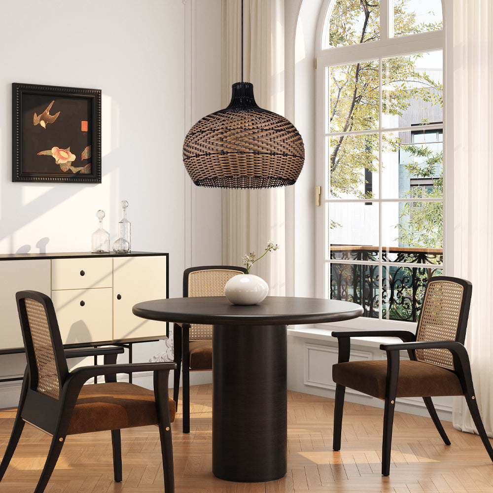 Black Rattan Hanging Lamp Wabi-Sabi Farmhouse Dining Chandelier