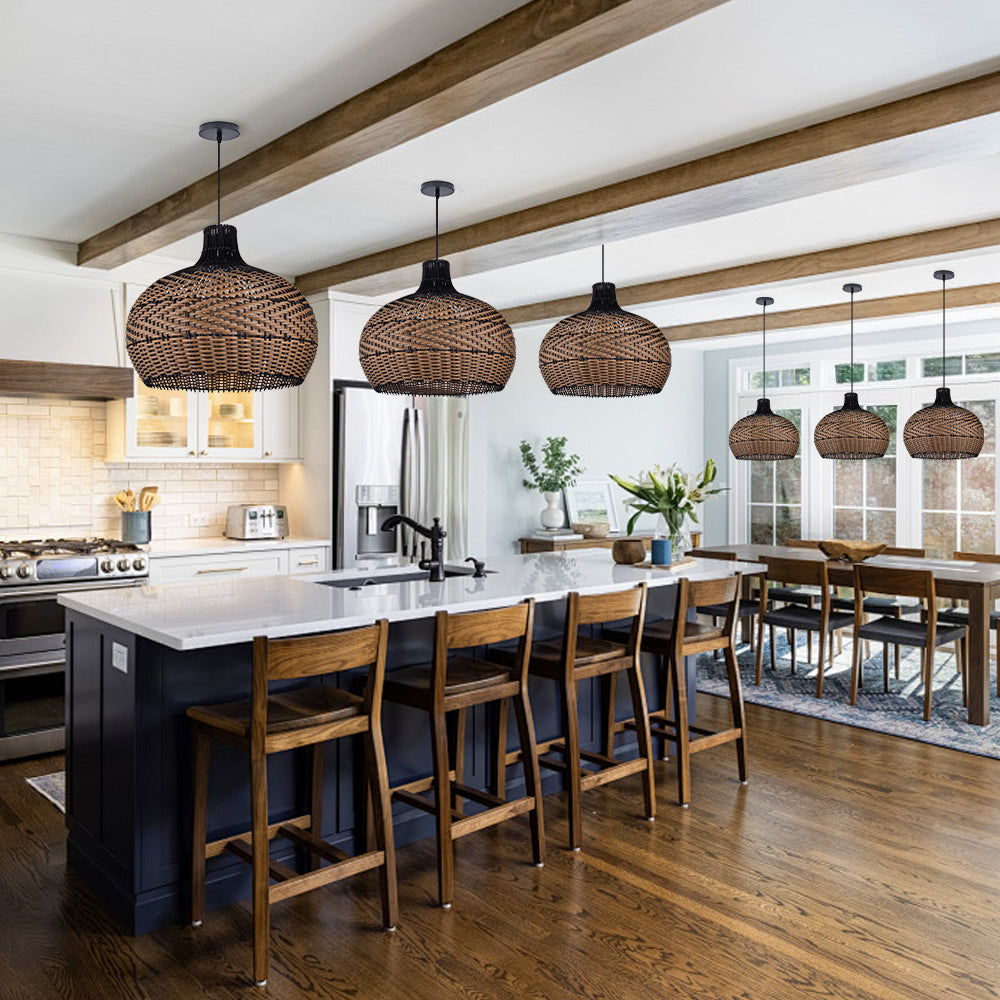 Black Rattan Hanging Lamp Wabi-Sabi Farmhouse Dining Chandelier