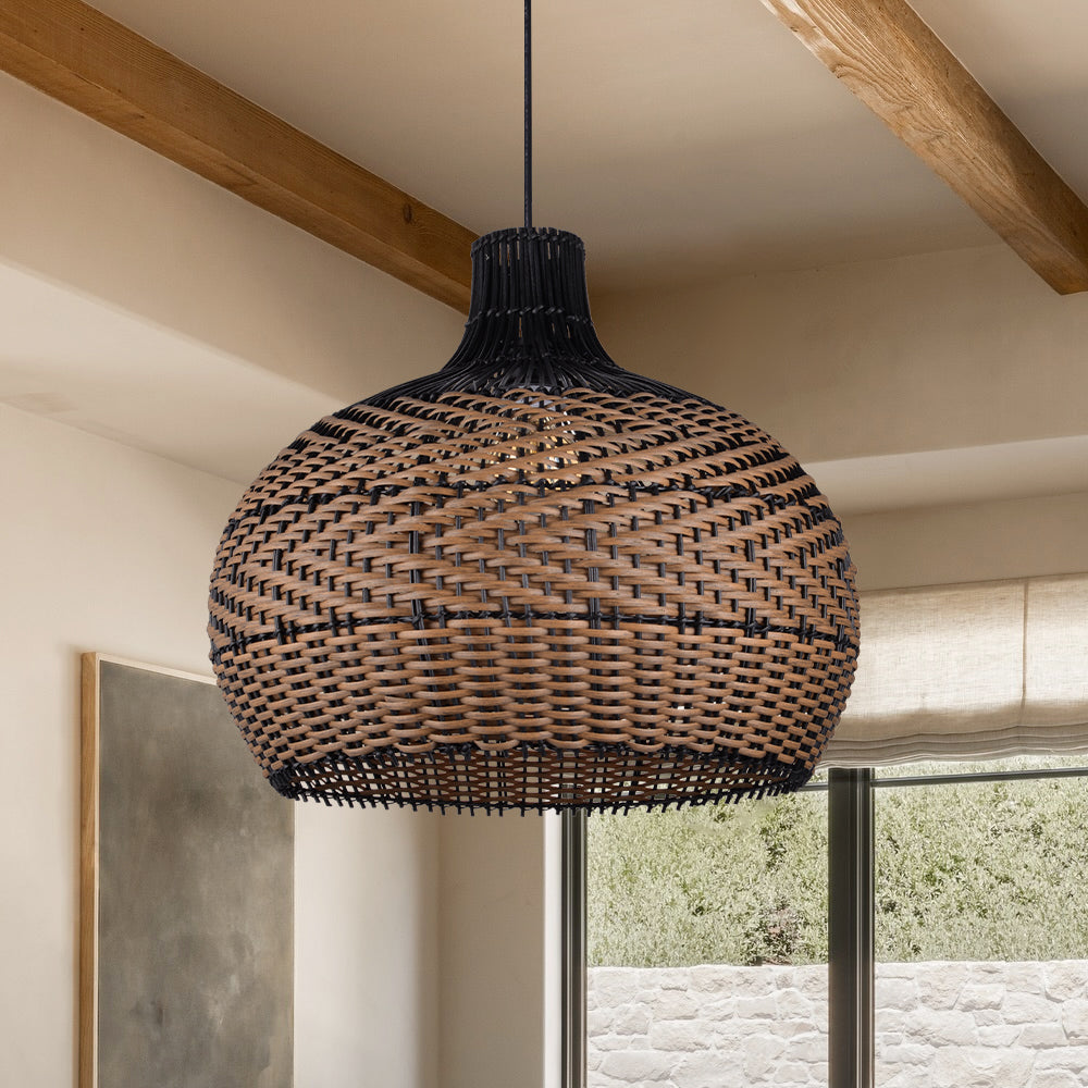 Black Rattan Hanging Lamp Wabi-Sabi Farmhouse Dining Chandelier