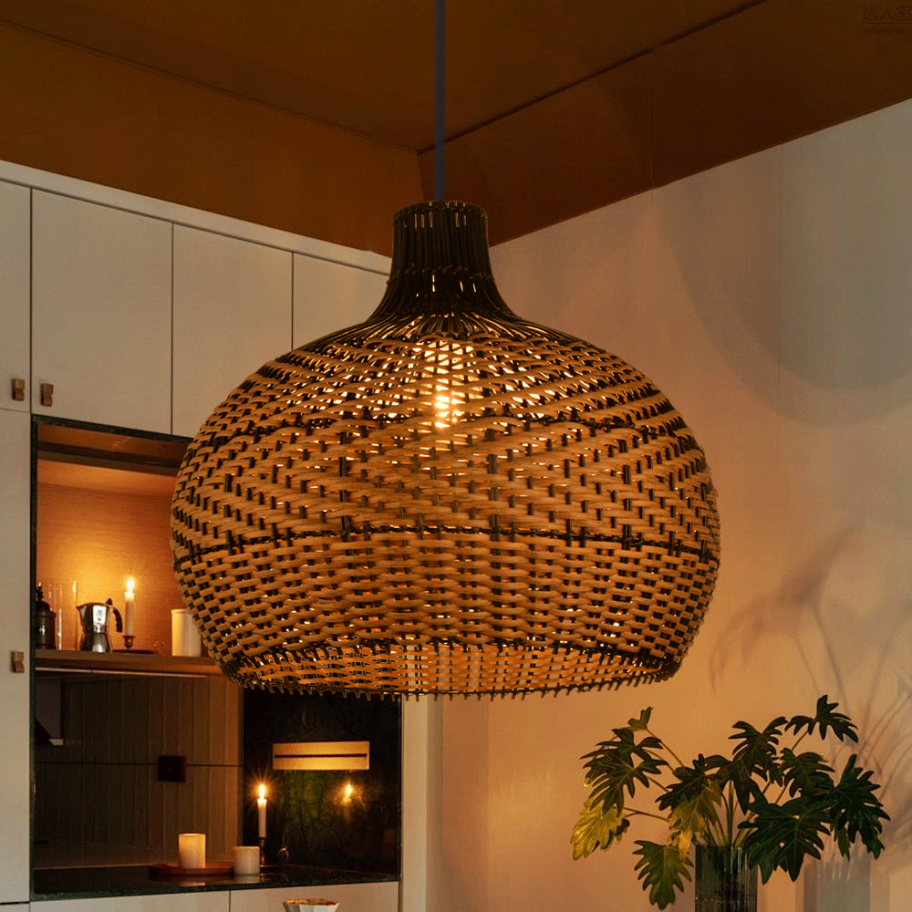Black Rattan Hanging Lamp Wabi-Sabi Farmhouse Dining Chandelier