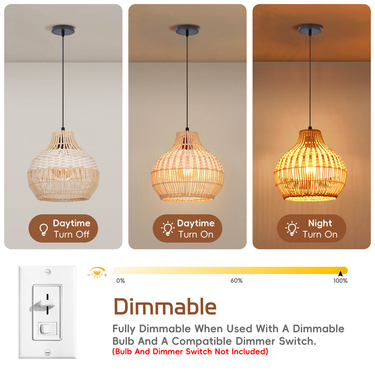 Handwoven Rattan Kitchen Island Pendant Lighting Fixture