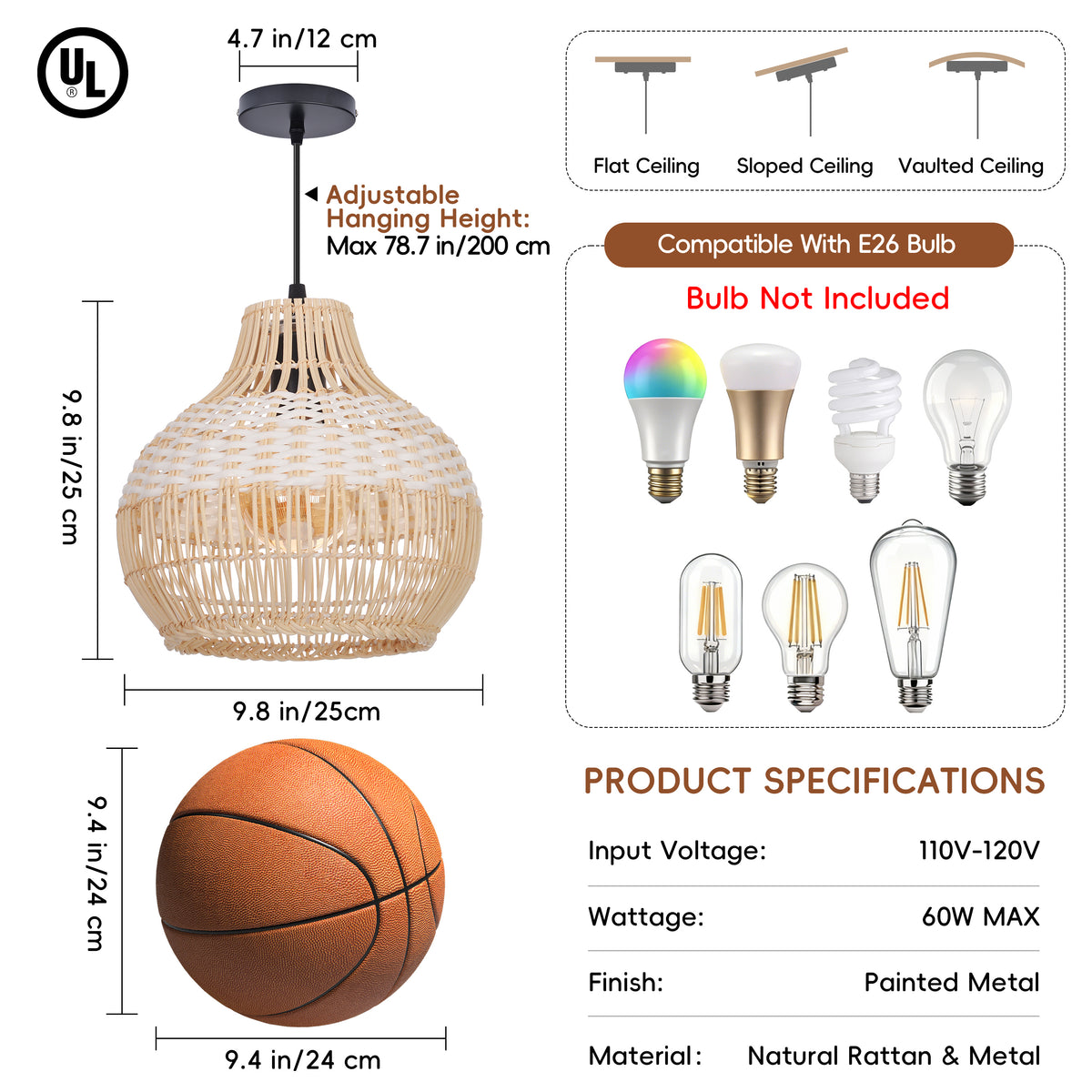 Handwoven Rattan Kitchen Island Pendant Lighting Fixture