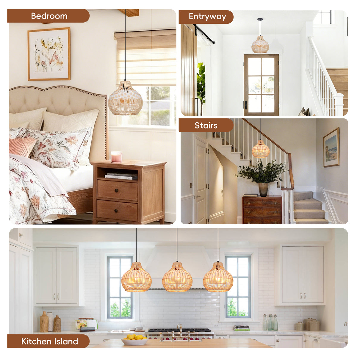 Handwoven Rattan Kitchen Island Pendant Lighting Fixture