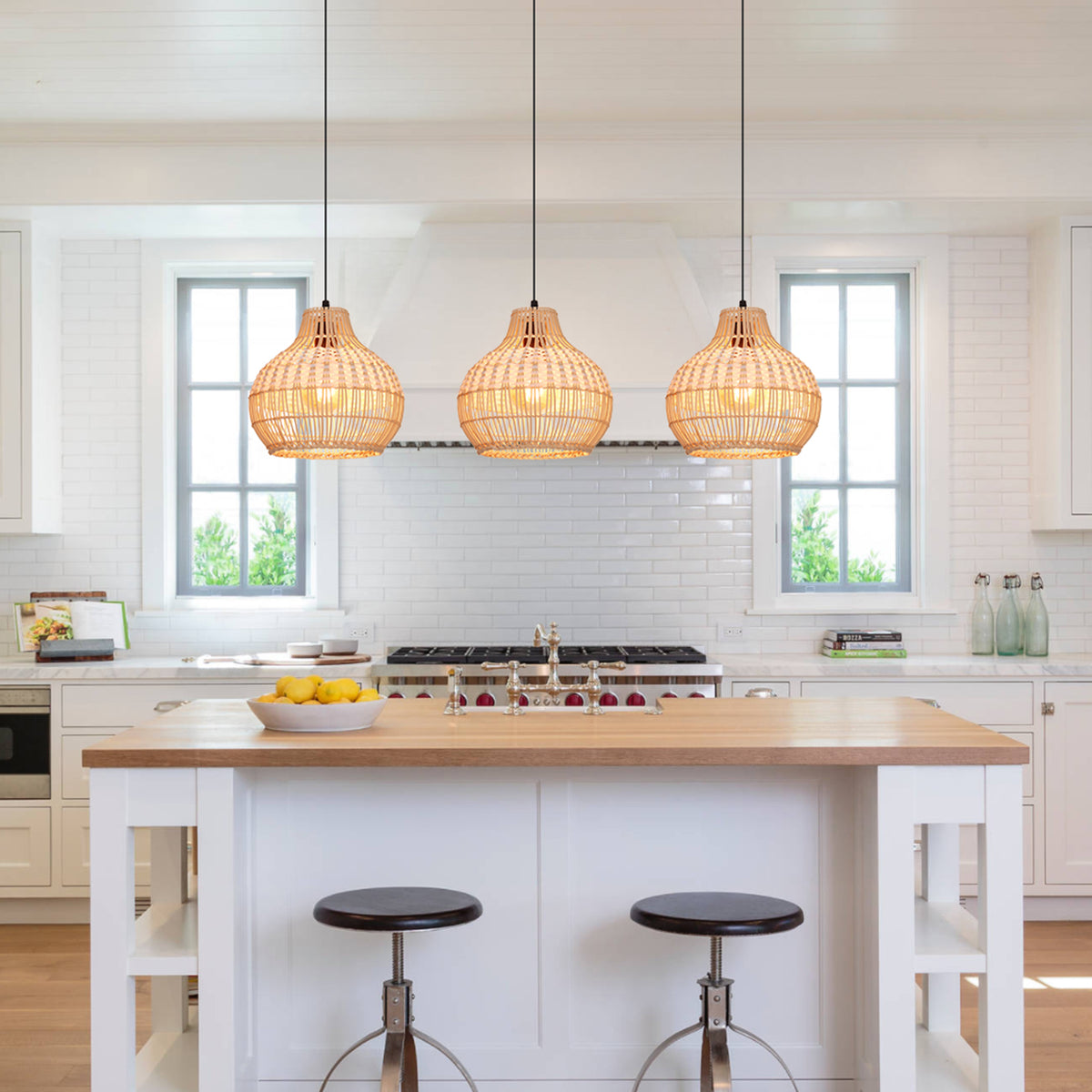 Handwoven Rattan Kitchen Island Pendant Lighting Fixture