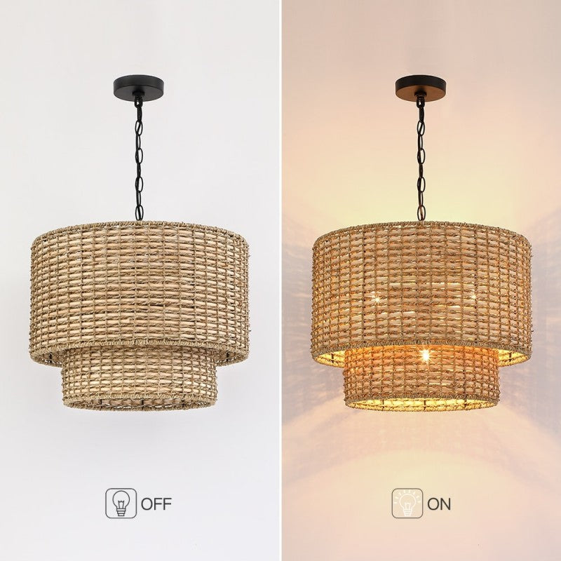 2-Tier Seagrass Chandelier Handwoven Boho Living Room Pendant