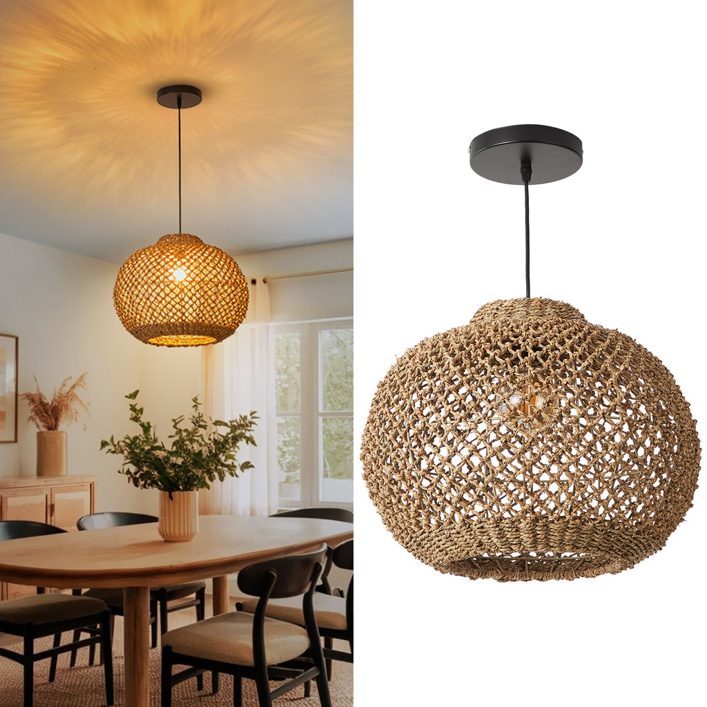 Japanese Style Wicker Pendant Light Dining Room Round Lampshade