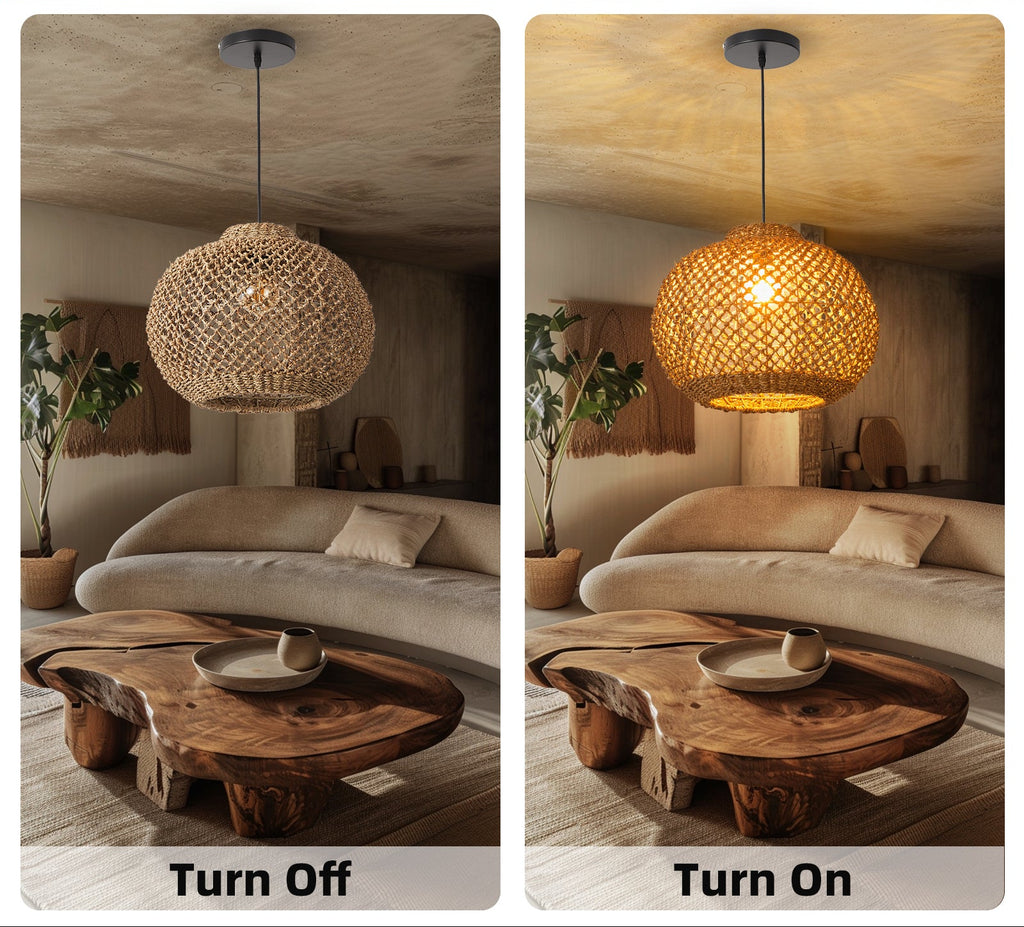 Japanese Style Wicker Pendant Light Dining Room Round Lampshade