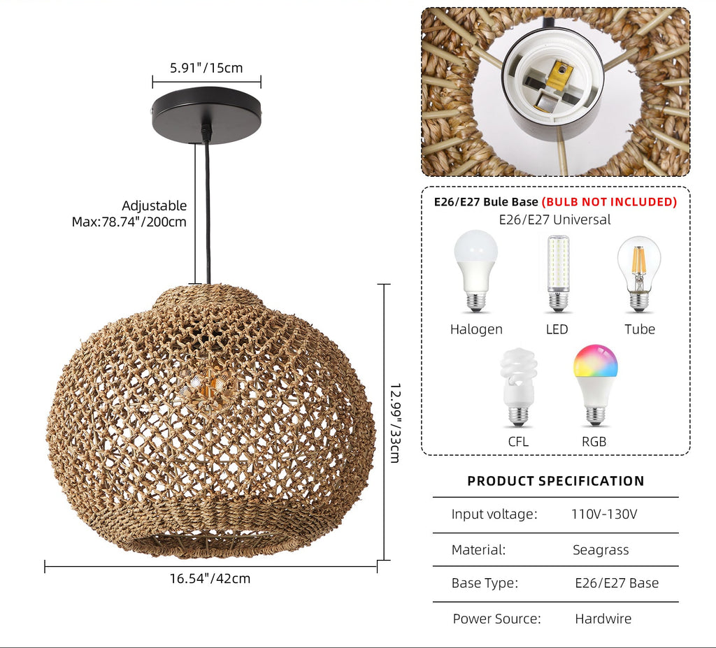 Japanese Style Wicker Pendant Light Dining Room Round Lampshade