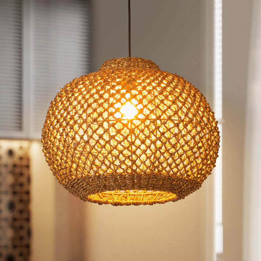 Japanese Style Wicker Pendant Light Dining Room Round Lampshade