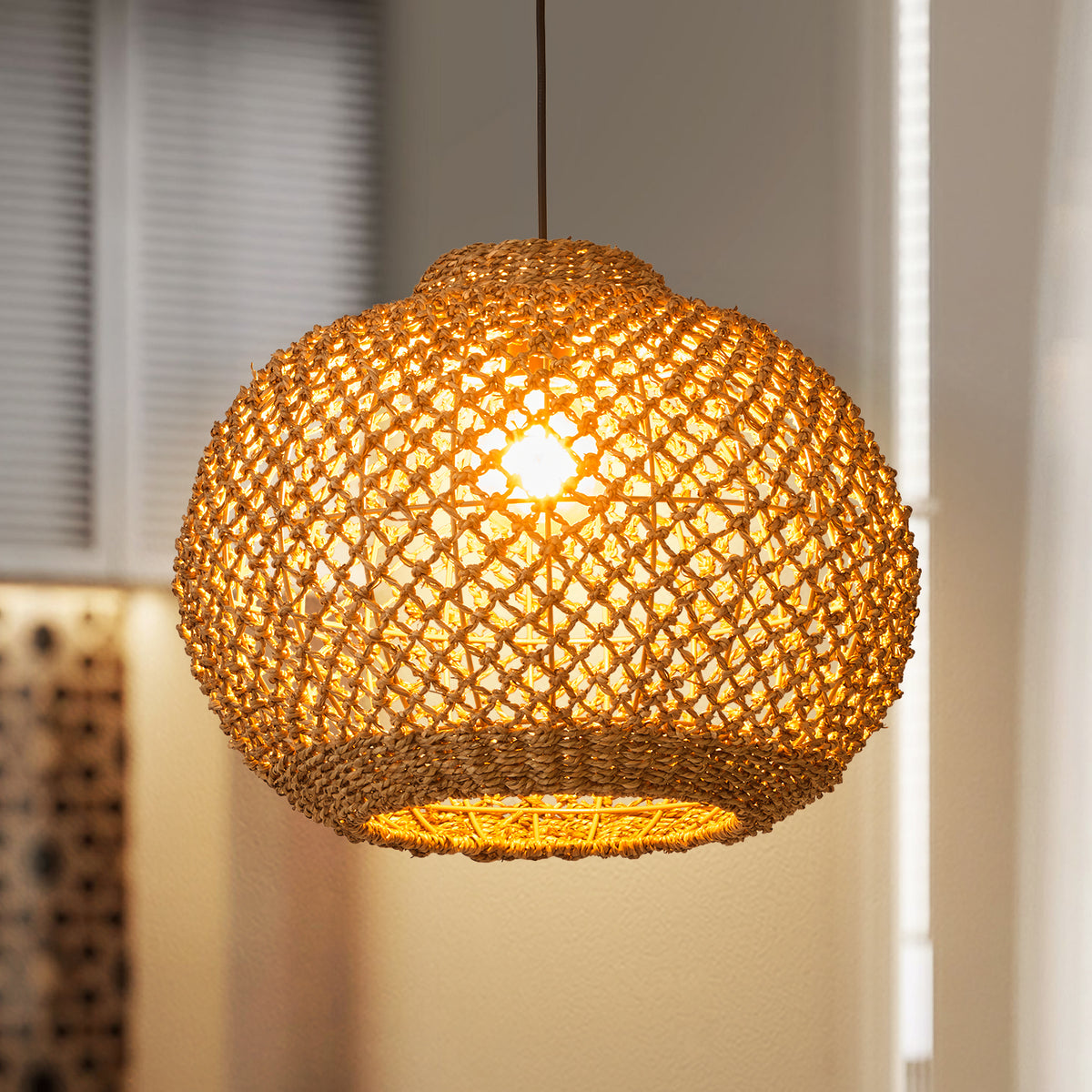 Japanese Style Wicker Pendant Light Dining Room Round Lampshade