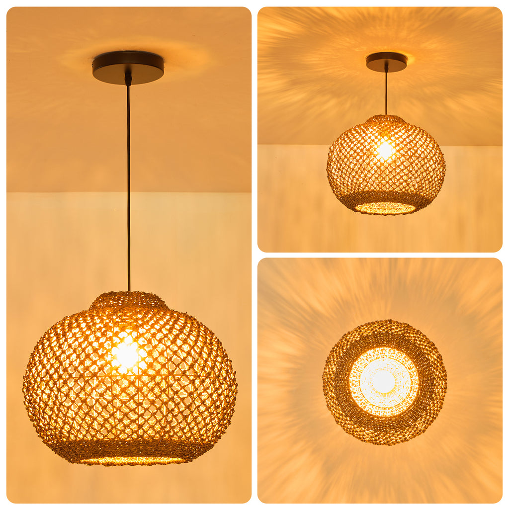 Japanese Style Wicker Pendant Light Dining Room Round Lampshade