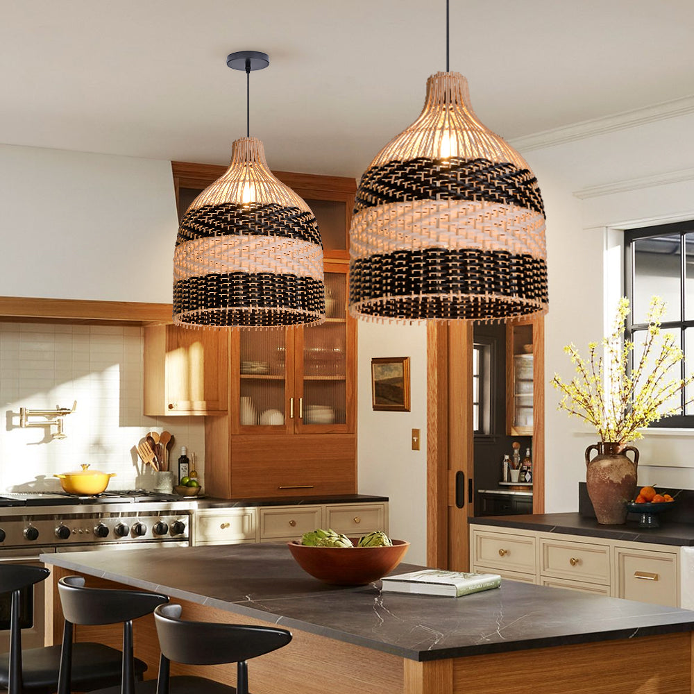 Kitchen Island Decor Pendant Lamp Black White Rattan Lampshade