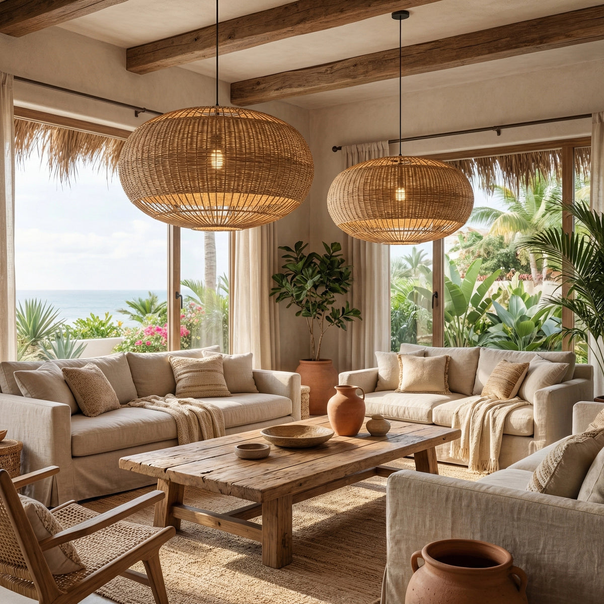 Coastal Rattan Kitchen Island Pendan Wabi-Sabi Natural Chandelier