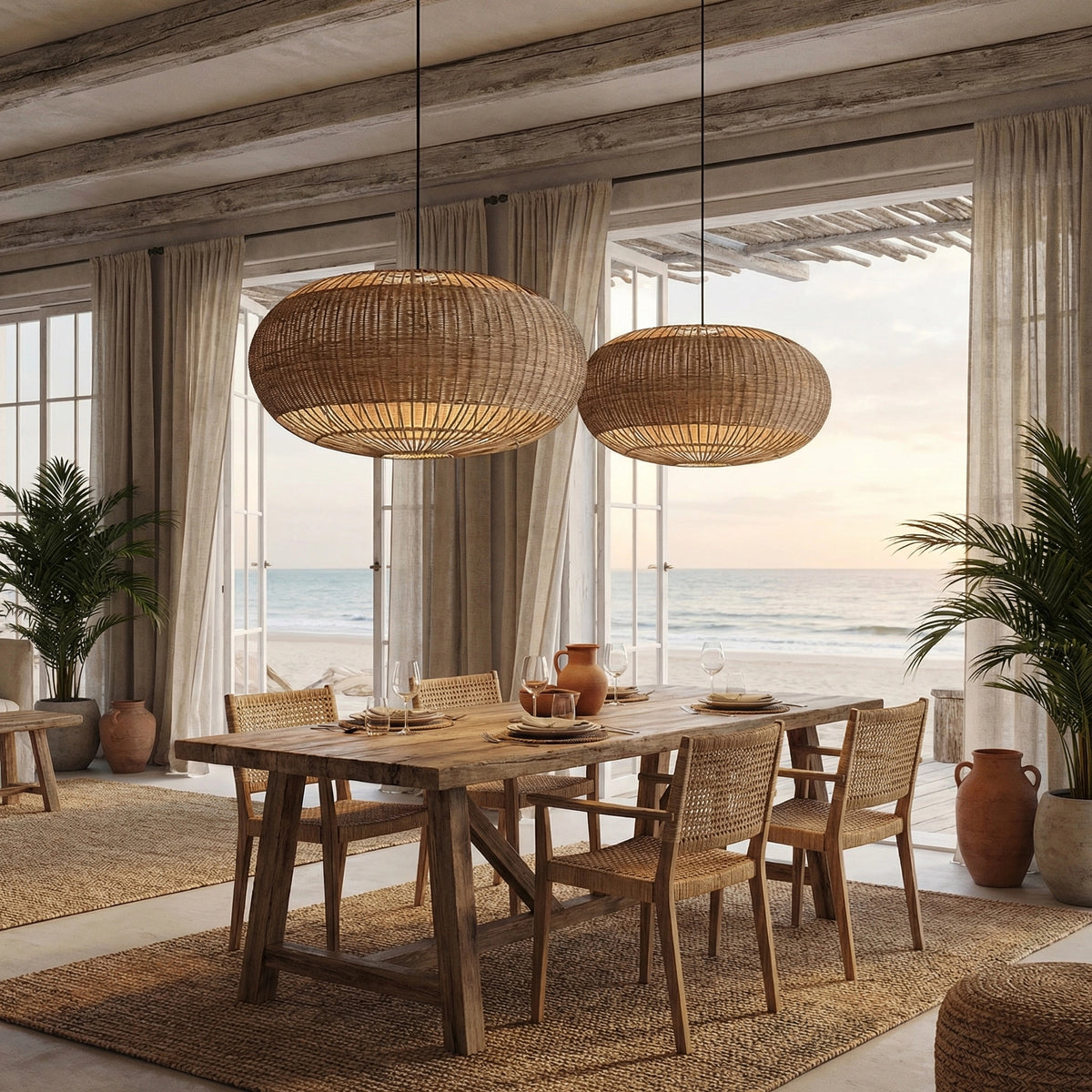Coastal Rattan Kitchen Island Pendan Wabi-Sabi Natural Chandelier