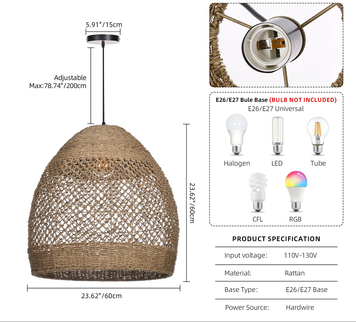 Wabi-sabi Seagrass Pendant Rattan Hanging Light For Kitchen