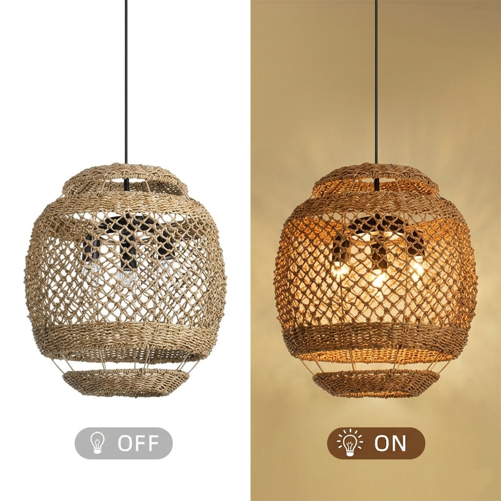 Wabi-Sabi Seagrass Pendant Light 3-Light Handwoven Wicker Chandelier