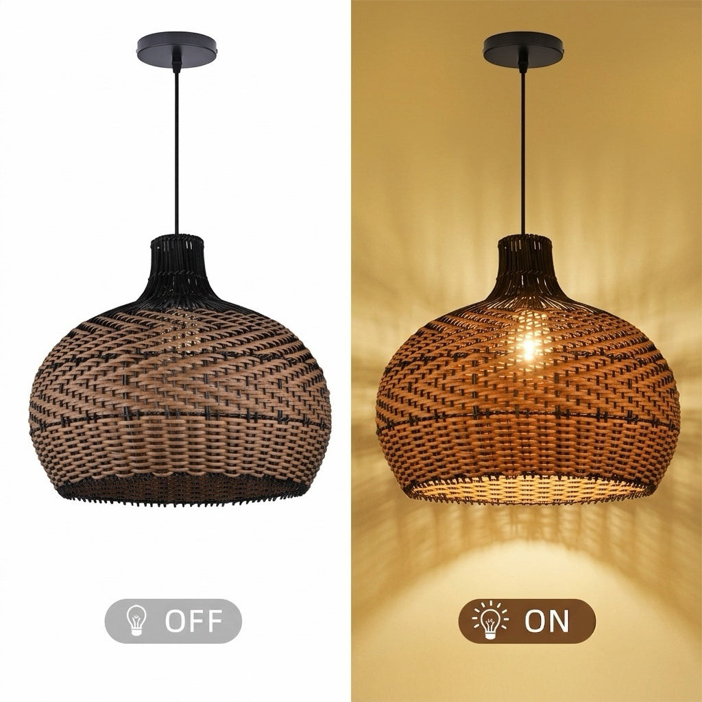 Black Rattan Hanging Lamp Wabi-Sabi Farmhouse Dining Chandelier