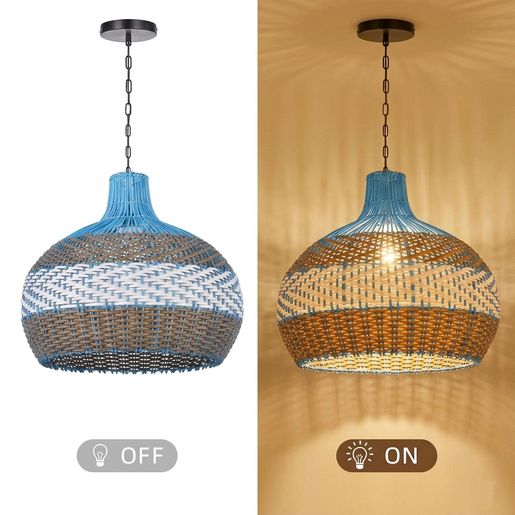 Courtland Blue Rattan Pendant Light Woven Coastal Kitchen Chandelier