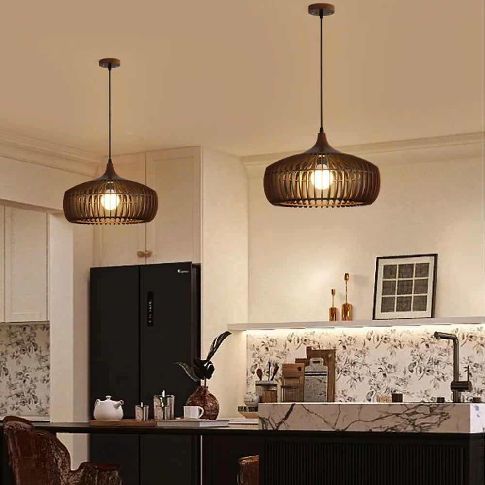 Retro Natural Wood Pendant Light Lampshade For Dining Room